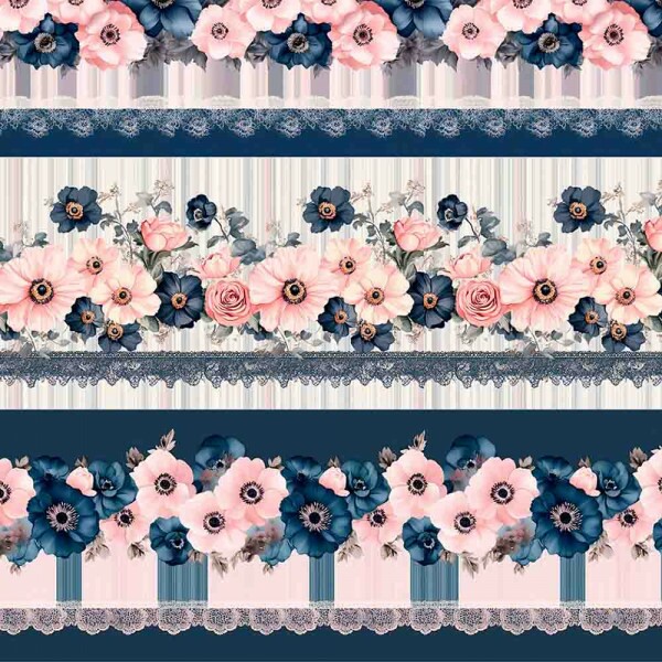 JN25 -TRICOLINE 100% ALGODÃO DIGITAL COLEÇÃO BARRADOS FLORES MARINHO E ROSA