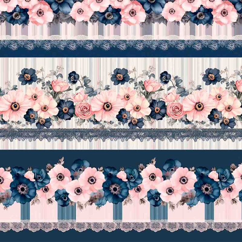 JN25 -TRICOLINE 100% ALGODÃO DIGITAL COLEÇÃO BARRADOS FLORES MARINHO E ROSA