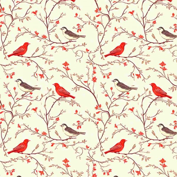 JL25 - TRICOLINE 100% ALGODÃO DIGITAL -COLEÇÃO VINTAGE RED - PASSARINHOS 99306/001