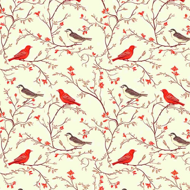 JL25 - TRICOLINE 100% ALGODÃO DIGITAL -COLEÇÃO VINTAGE RED - PASSARINHOS 99306/001