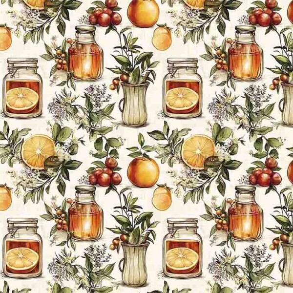 MG25 - TRICOLINE 100% ALGODÃO DIGITAL  -COLEÇÃO VINTAGE KITCHEN - POTES E FRUTAS GRANDE 99622/001