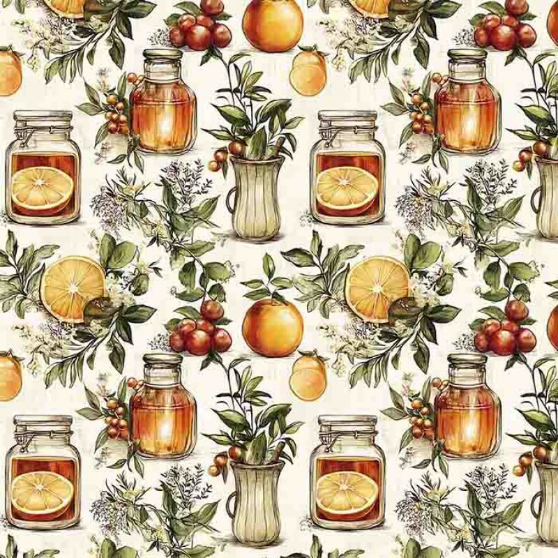 MG25 - TRICOLINE 100% ALGODÃO DIGITAL  -COLEÇÃO VINTAGE KITCHEN - POTES E FRUTAS GRANDE 99622/001