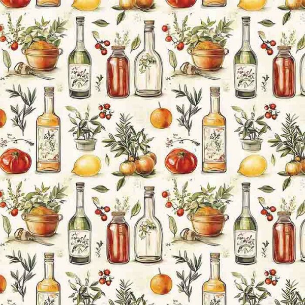 MG25 - TRICOLINE 100% ALGODÃO DIGITAL  - COL. VINTAGE KITCHEN - FRUTAS E GARRAFAS 99620/001