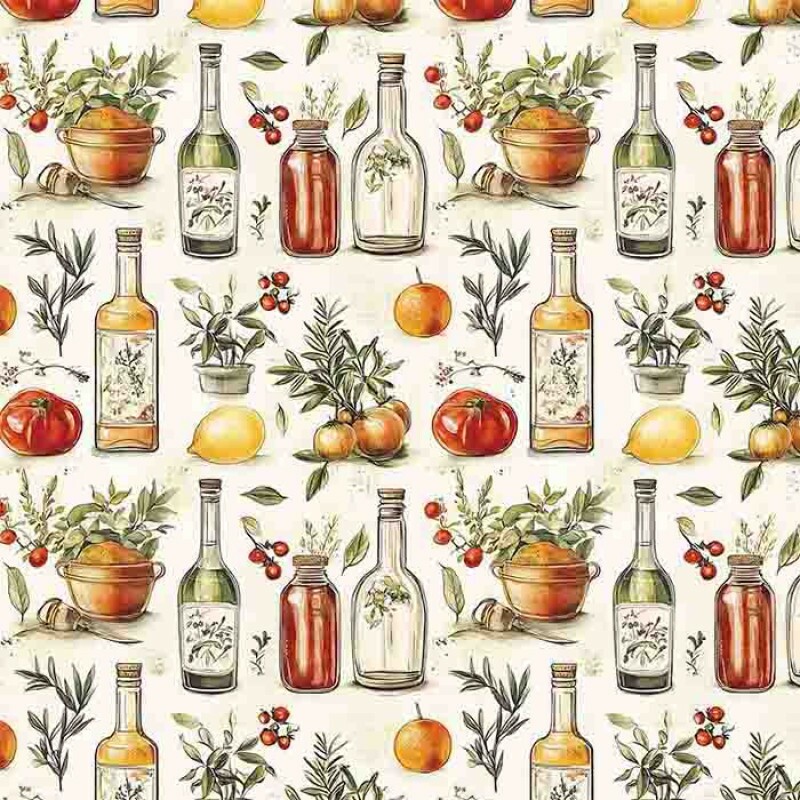 MG25 - TRICOLINE 100% ALGODÃO DIGITAL  - COL. VINTAGE KITCHEN - FRUTAS E GARRAFAS 99620/001