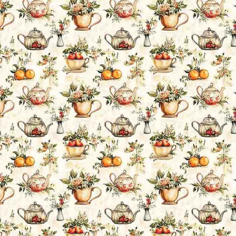 MG25 - TRICOLINE 100% ALGODÃO DIGITAL  - COL. VINTAGE KITCHEN - XICARAS E BULES 99619/001