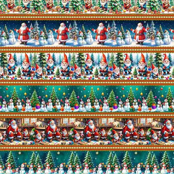 TRICOLINE 100% ALGODÃO DIGITAL  - NATAL 2025 -  BARRADO BONECO NEVE-DUENDE-PAPAI NOEL