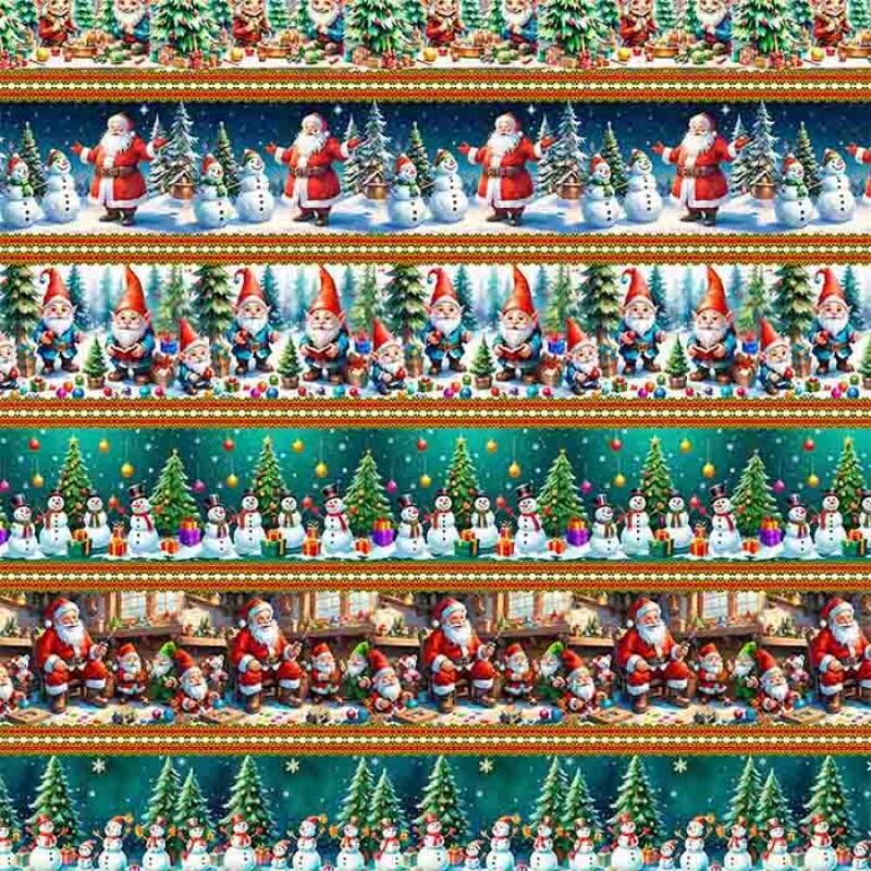 TRICOLINE 100% ALGODÃO DIGITAL  - NATAL 2025 -  BARRADO BONECO NEVE-DUENDE-PAPAI NOEL