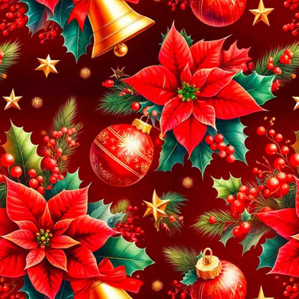 TRICOLINE 100% ALGODÃO DIGITAL  - NATAL 2025 -  BICO PAPAGAIO E SINOS VERDE