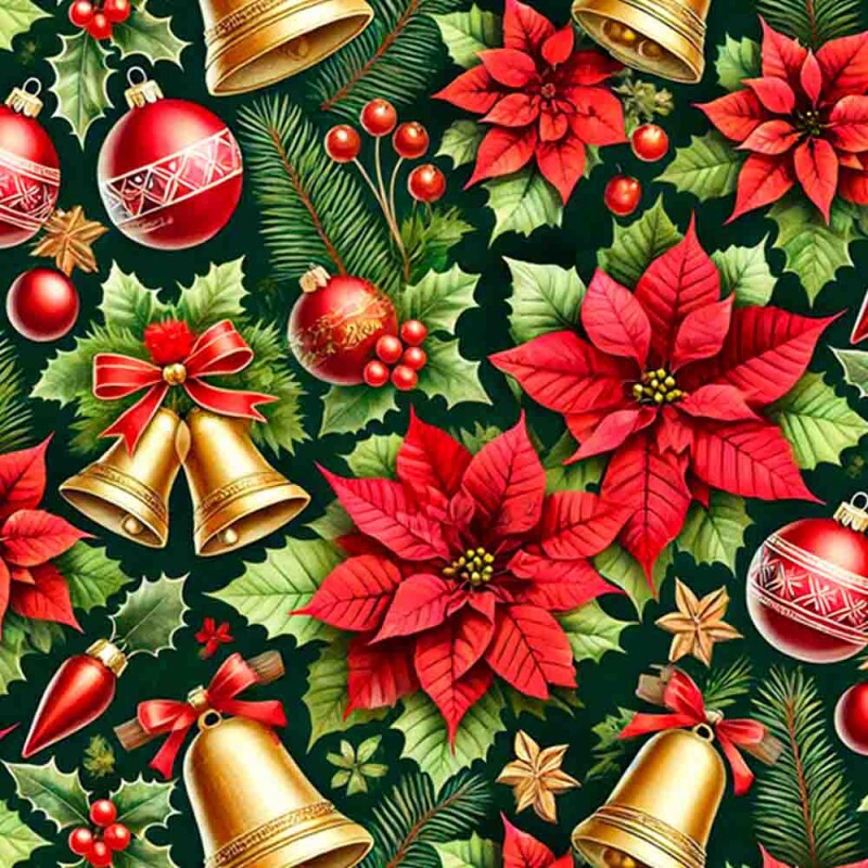 TRICOLINE 100% ALGODÃO DIGITAL  - NATAL 2025 -  BICO PAPAGAIO E SINOS VERMELHO