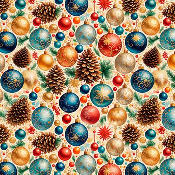 TRICOLINE 100% ALGODÃO DIGITAL  - NATAL 2025 -  BALLS AND PINES