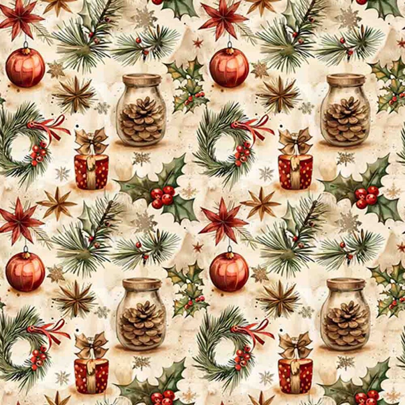 TRICOLINE 100% ALGODÃO DIGITAL  - NATAL 2025 -  VINTAGE VASOS E GUIRLANDAS