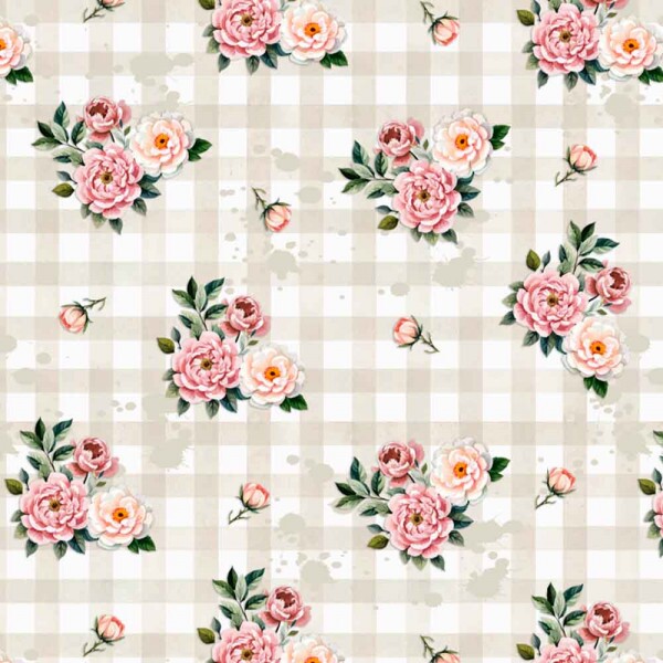 COLEÇÃO  FLOWER LOVE POR CRIS POLETTO -  XADREZ C/ ROSAS BEGE - ( 84576 - VAR,01 ) - C