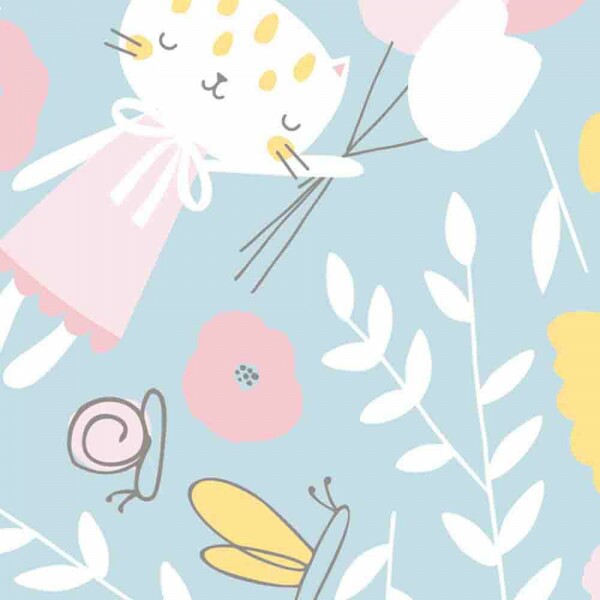 COLEÇÃO PEQUENO QUINTAL - POR ELIANA SPOSITO - COMPOSE GATO C/ TULIPAS FD AZUL - M