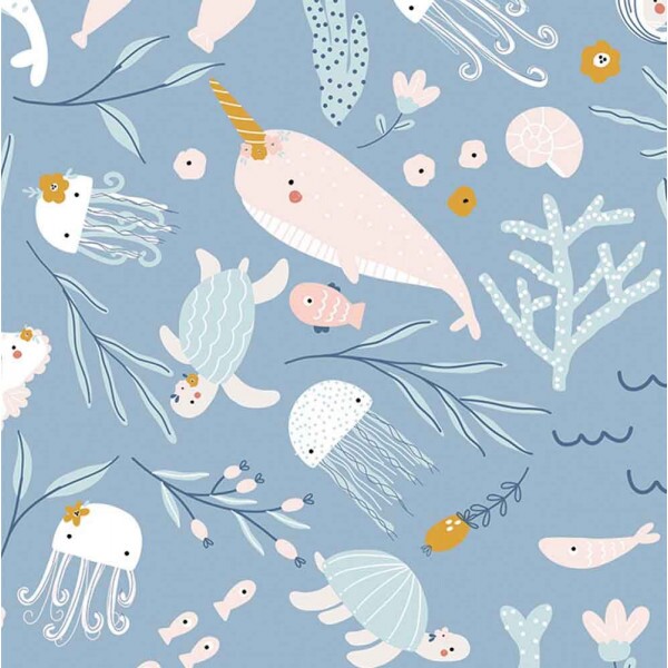 COLEÇÃO MUNDO MAGICO FD DO MAR - POR MARIANA CURTI - BALEIAS C/ ALGAS FD AZUL - (78742 VAR,04 ) - C