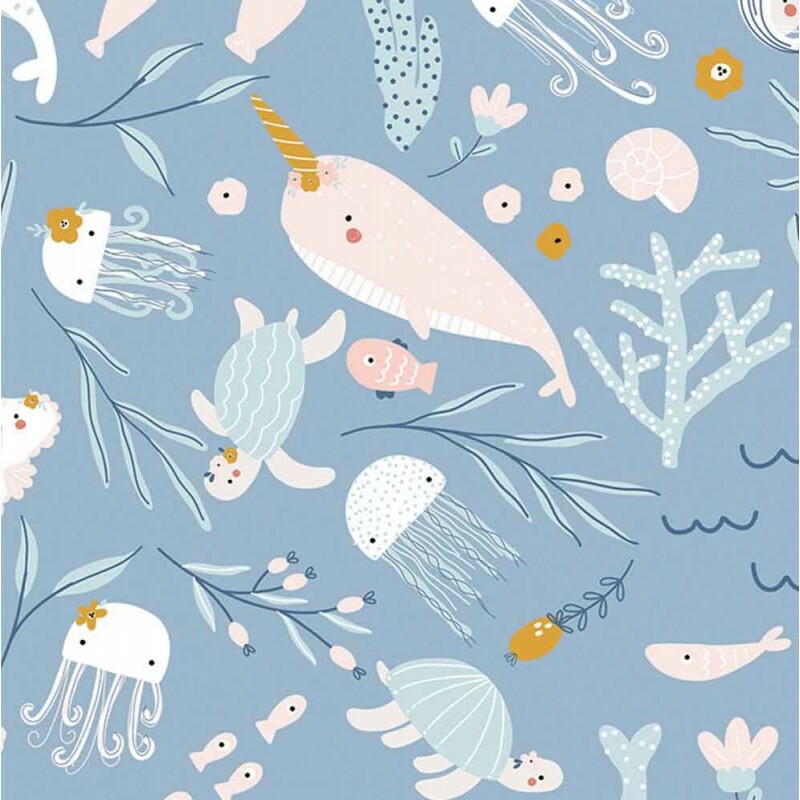 COLEÇÃO MUNDO MAGICO FD DO MAR - POR MARIANA CURTI - BALEIAS C/ ALGAS FD AZUL - (78742 VAR,04 ) - C