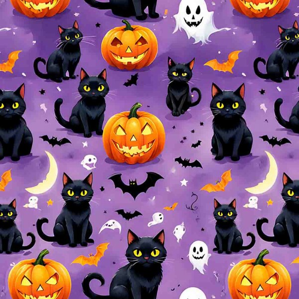 TRICOLINE 100% ALGODÃO DIGITAL  - HALLOWEEN -  ABOBORAS E GATOS FUNDO ROXO