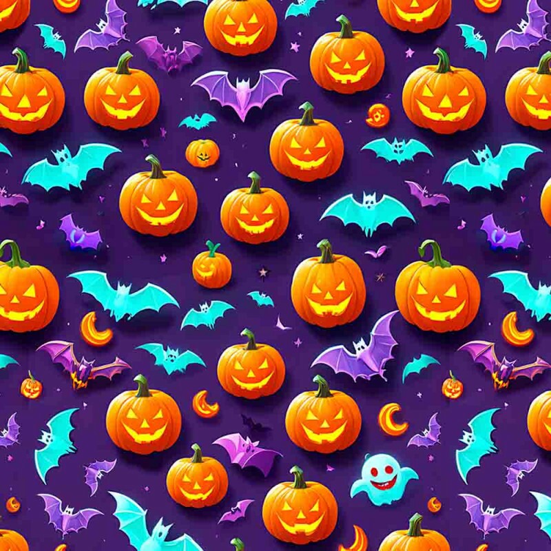 TRICOLINE 100% ALGODÃO DIGITAL  - HALLOWEEN -  ABOBORAS E MORCEGOS FUNDO ROXO