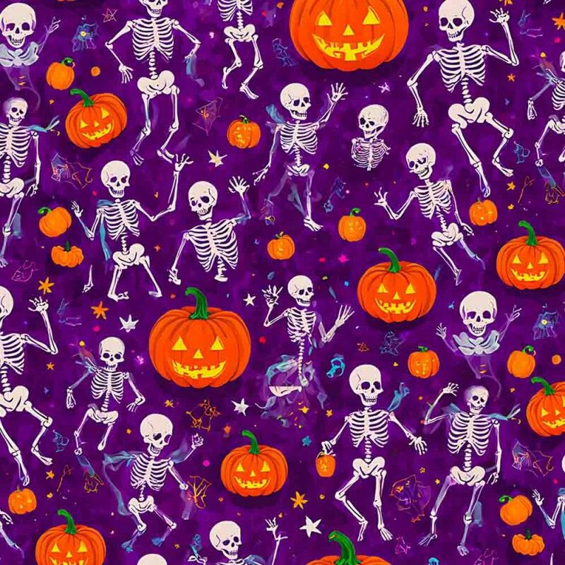 TRICOLINE 100% ALGODÃO DIGITAL  - HALLOWEEN -  ESQUELETOS E ABOBORAS