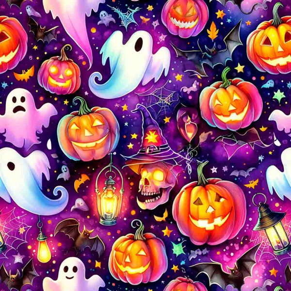 TRICOLINE 100% ALGODÃO DIGITAL  - HALLOWEEN -  FANTASMAS E ABOBORAS