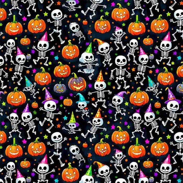 TRICOLINE 100% ALGODÃO DIGITAL  - HALLOWEEN -  ESQUELETOS E ABOBORAS INFANTIL