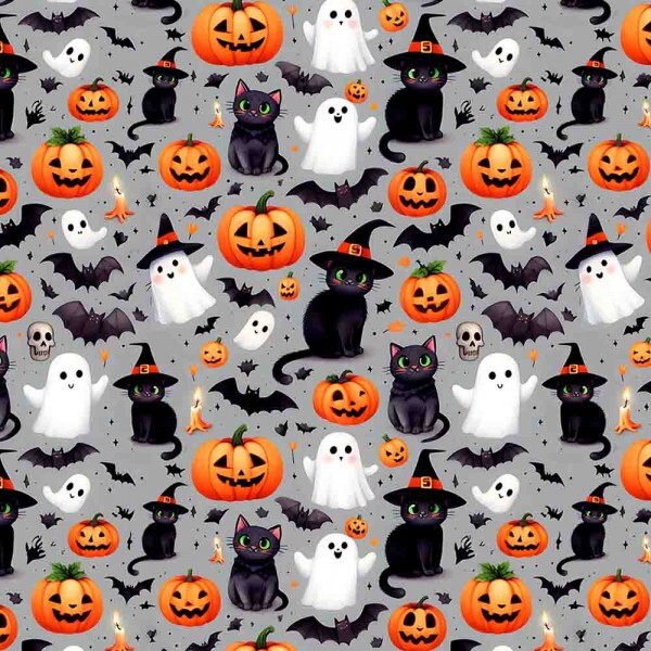 TRICOLINE 100% ALGODÃO DIGITAL  - HALLOWEEN - GATOS ABOBORAS E FANTASMAS