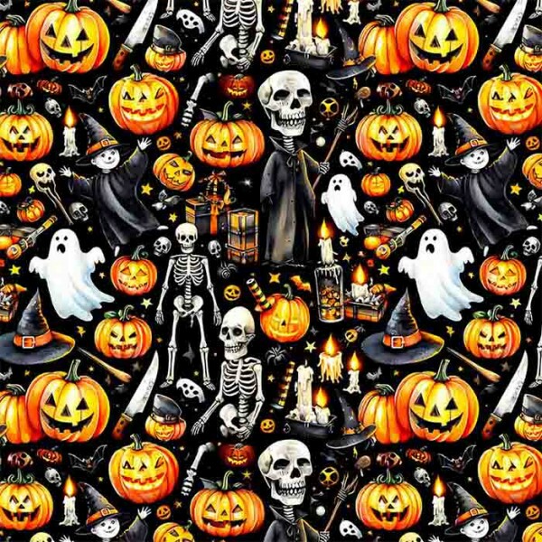 TRICOLINE 100% ALGODÃO DIGITAL  - HALLOWEEN - ESQUELETOS ABOBORAS E FANTASMAS