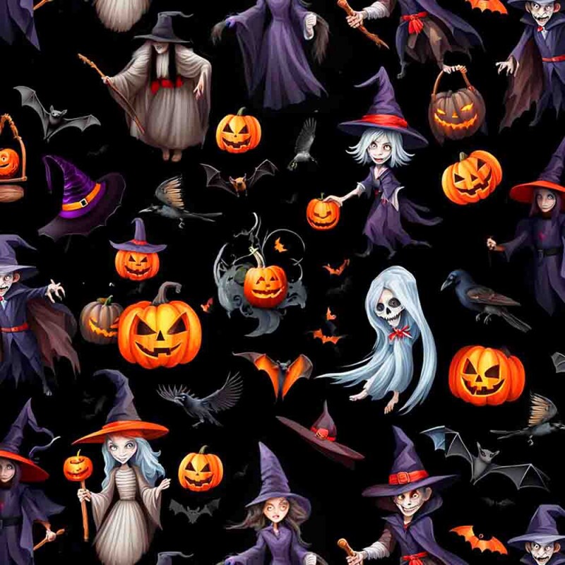 TRICOLINE 100% ALGODÃO DIGITAL  - HALLOWEEN -  BRUXAS E ABOBORAS