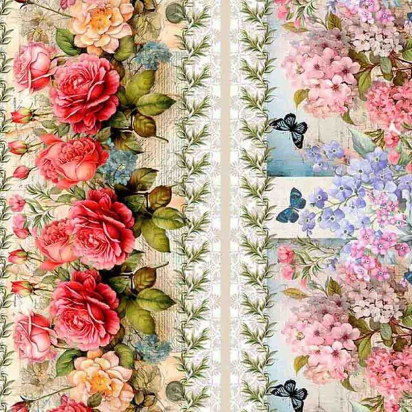 TRICOL. COLEÇÃO VINTAGE FLOWERS - BARRADO DE FAIXA FLORAL C/ BORBOLETAS - 100% ALGODÃO A3763-001