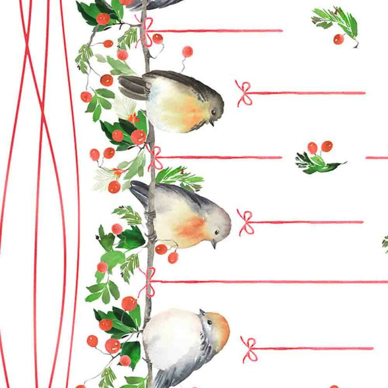SARJA HIDRORREPELENTE NATAL 2025 - COLEÇÃO POE NA MESA DECOR - BARRADO DE PASSARO C/AZEVINHA - 100% ALGODÃO 04383-001