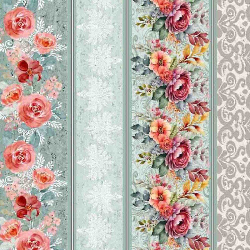 COL/ MAISON CHIC BY SENHORA DOS TECIDOS -TRIC. BARRADO DE FAIXAS - ROSAS - ( 80106 - VAR,01 ) - ( E9668 )