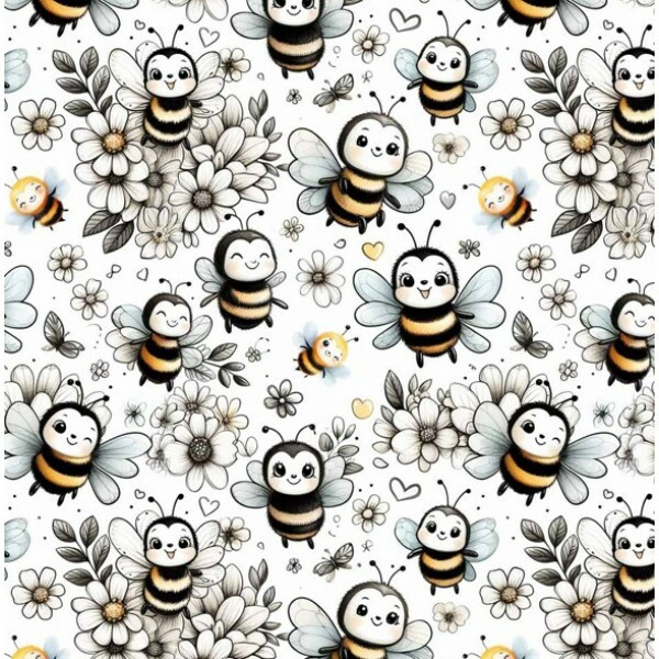 FV26 - TRICOL. COLEÇÃO LADY BEES - ABELHINHAS COM FLORES PRETO E BRANCO - 100% ALGODÃO - A0517-001