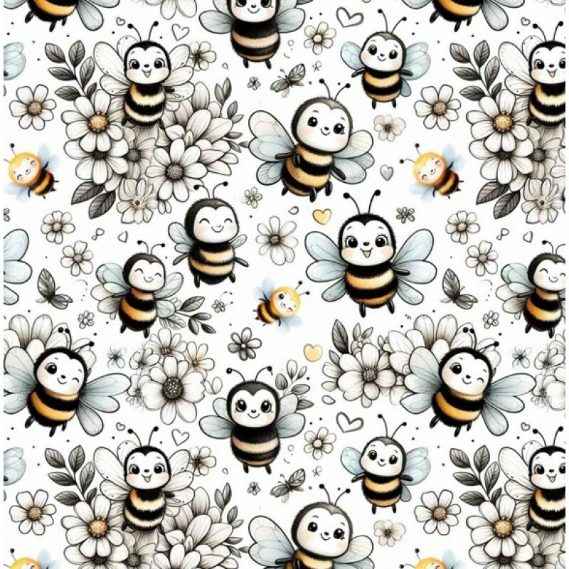 FV26 - TRICOL. COLEÇÃO LADY BEES - ABELHINHAS COM FLORES PRETO E BRANCO - 100% ALGODÃO - A0517-001