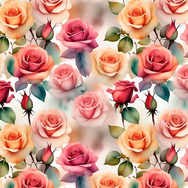 JL25 - TRICOLINE 100% ALGODÃO DIGITAL  -COLEÇÃO WATERCOLOR - ROSAS PEQUENAS