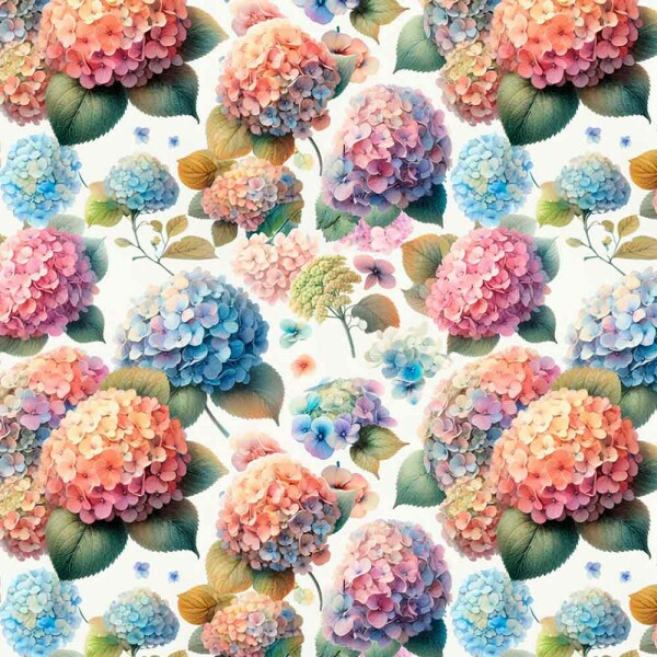 JL25 - TRICOLINE 100% ALGODÃO DIGITAL  -COLEÇÃO WATERCOLOR - HORTENCIAS