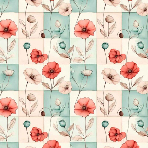 ST25 - TRICOLINE COLEÇÃO MINT POPPIES FLORAL PATCHWORK - 100% ALGODÃO - 00954/001