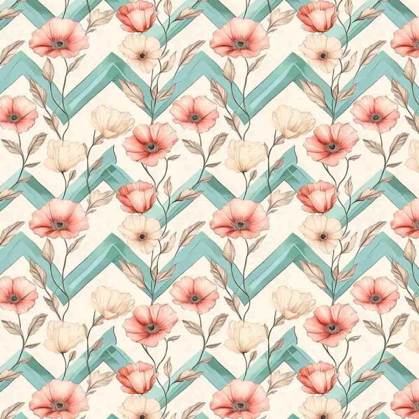 ST25 - TRICOLINE COLEÇÃO MINT POPPIES FLORAL CHEVRON - 100% ALGODÃO - 00956/001