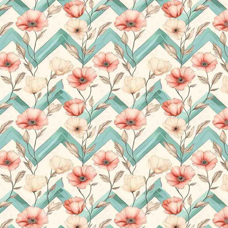 ST25 - TRICOLINE COLEÇÃO MINT POPPIES FLORAL CHEVRON - 100% ALGODÃO - 00956/001