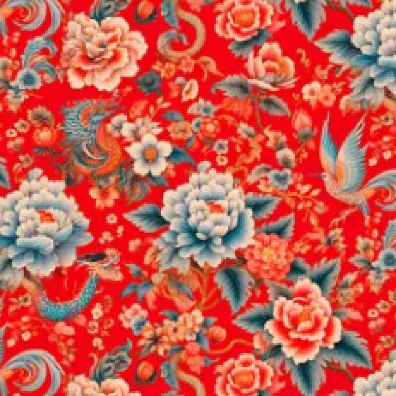 OT25 - TRICOL. COLEÇÃO TESOUROS DO ORIENTE - FLORAL VERMELHO COM PASSAROS - 100% ALGODÃO 03263/001