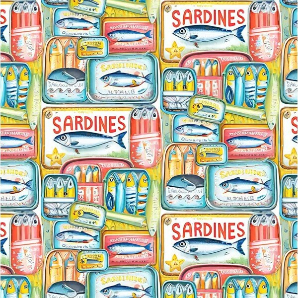 NV25 - TRICOLINE -  COLEÇÃO SARDINHAS - LATAS DE SARDINHAS SOBREPOSTAS -  100% ALGODÃO - A0253-001