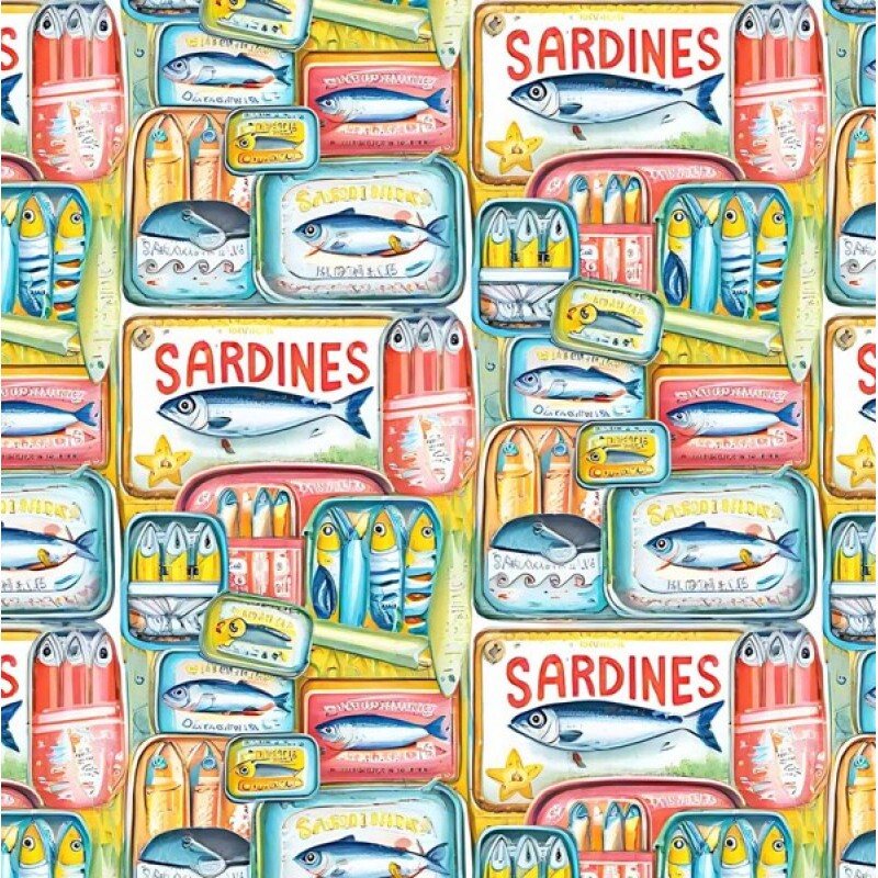 NV25 - TRICOLINE -  COLEÇÃO SARDINHAS - LATAS DE SARDINHAS SOBREPOSTAS -  100% ALGODÃO - A0253-001