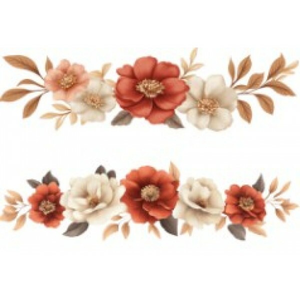 TRANSFER TEXTIL PASSE E CRIE - BARRADO DE FLORES TERRACOTA E BRANCAS