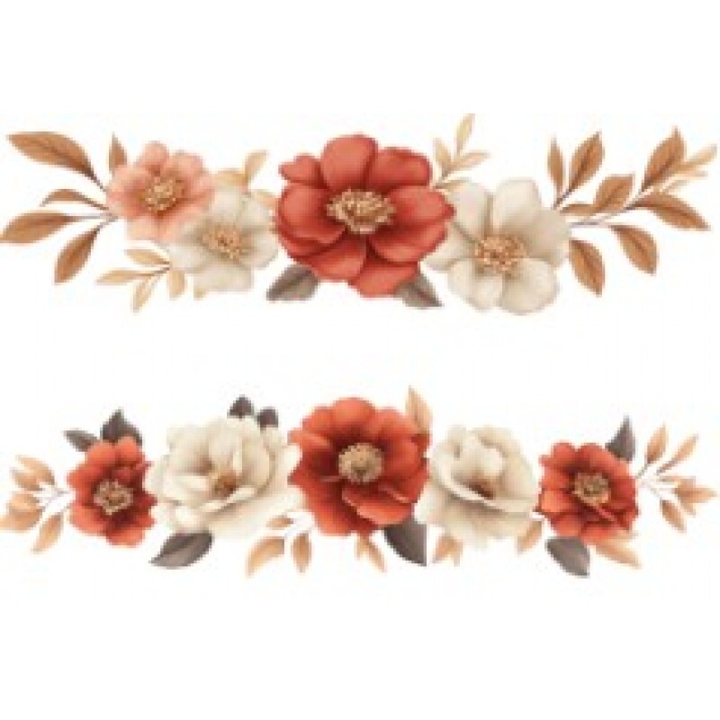 TRANSFER TEXTIL PASSE E CRIE - BARRADO DE FLORES TERRACOTA E BRANCAS