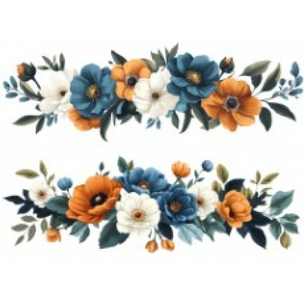 TRANSFER TEXTIL PASSE E CRIE - BARRADO DE FLORES AZUIS E CARAMELO