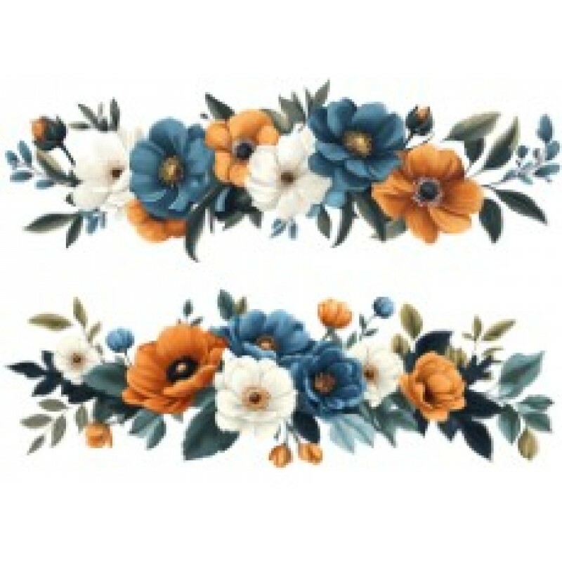 TRANSFER TEXTIL PASSE E CRIE - BARRADO DE FLORES AZUIS E CARAMELO