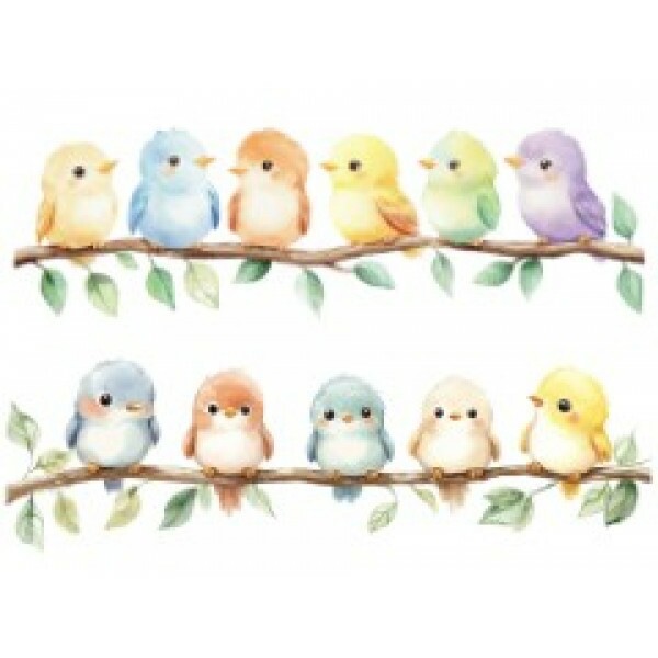 TRANSFER TEXTIL PASSE E CRIE - BARRADO DE PASSARINHOS AZUL E AMARELO