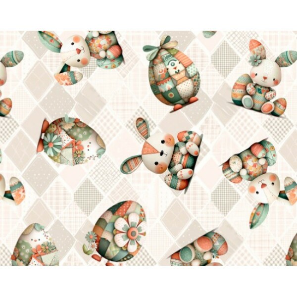 DZ25 - TRICOL. COLEÇÃO PASCOA 2026 - COELHOS E OVOS FUNDO BEGE - 100% ALGODÃO 04971-001